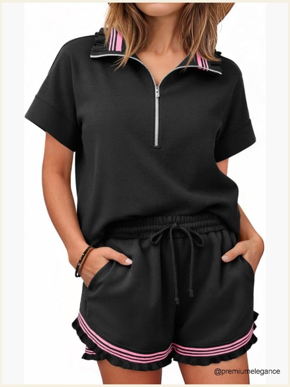 2 Piece Short Set Women Sweatsuit Tracksuits Half Zip Ruffle Top Matching Sets